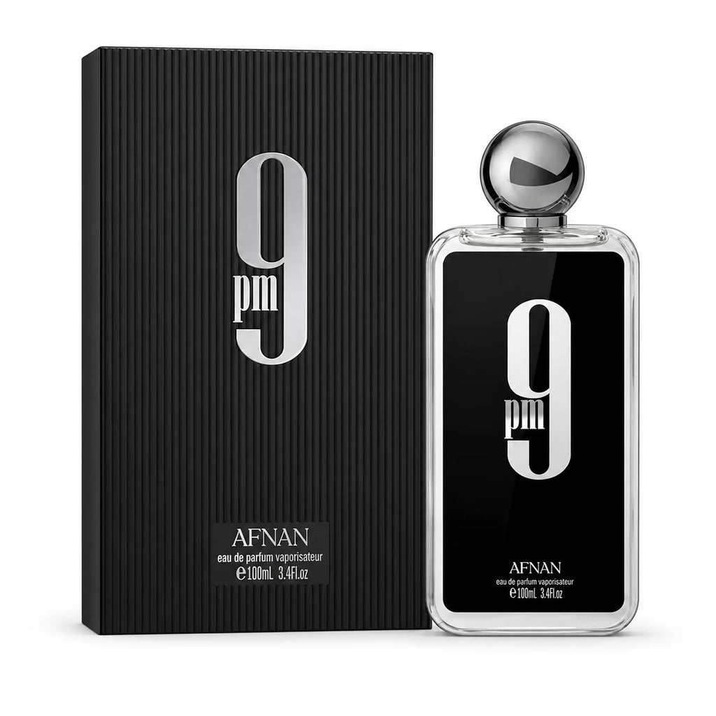 Afnan 9 PM Men Eau De Parfum Transparent Square Bottle Silver Round Cap Luxury Arabian Woody Scent Long Lasting Fragrance 100ml Mens Cologne Perfume Gift Set For Male