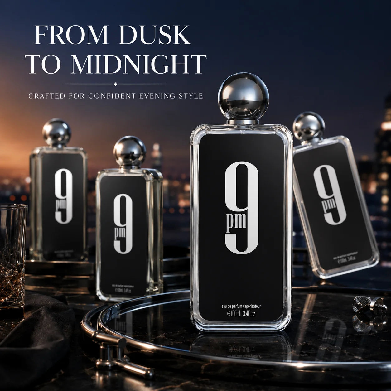 Afnan 9 PM Men Eau De Parfum Transparent Square Bottle Silver Round Cap Luxury Arabian Woody Scent Long Lasting Fragrance 100ml Mens Cologne Perfume Gift Set For Male